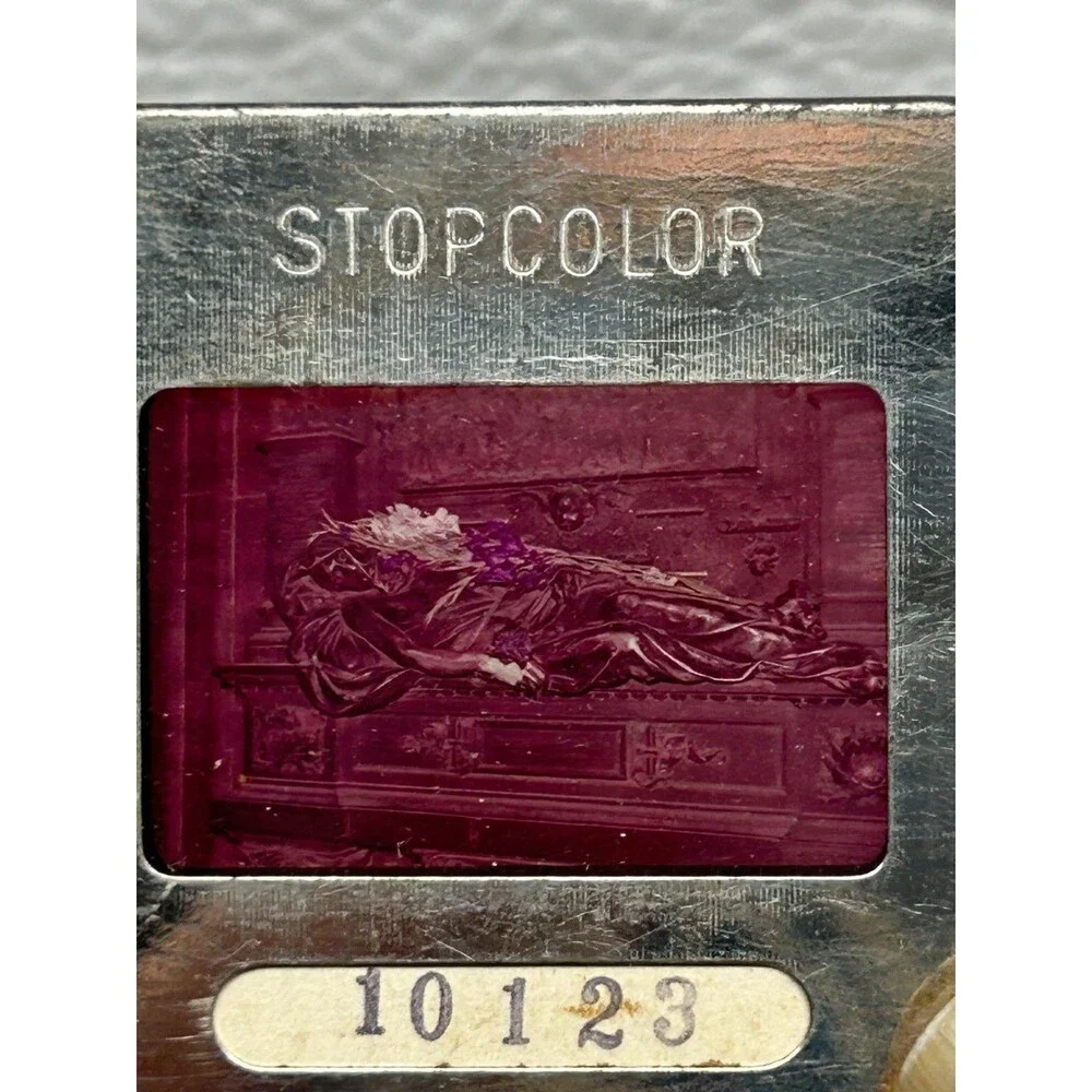 Vtg Stop Color Tin And Glass 5 Lantern Slides Brussels Buldings Made In Belgium